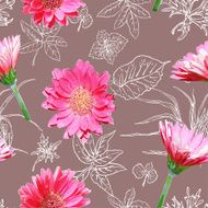 Seamless pattern with white contours plants and realistic gerberas N2