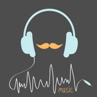 Blue headphones with cord Orange moustaches Music card Flat design