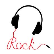 Black headphones with red cord shape of word rock Music