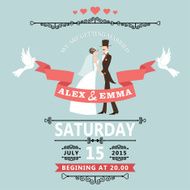Wedding invitation with cartoon bride and groom