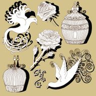 Vintage set with cagesm roses and birds