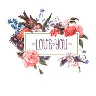 Vintage Greeting Card with Flowers and Birds N7