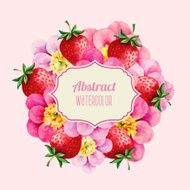 Floral watercolor peony with hand drawn flowers and strawberries