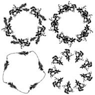 Round floral frame set black leaves on white background Vector