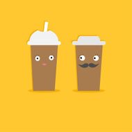 Disposable coffee paper cups eyes mustache lips Happy family Flat N2