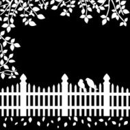 White fence with birds and branches on black background