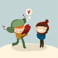 flat valentine cartoon couple on date in winter