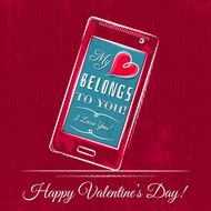 valentine card with smartphone on red wooden background