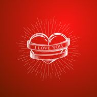 vector illustration with engraving heart ribbon and burst light rays