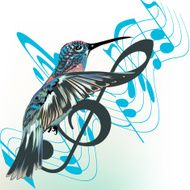 Music background with notes treble clef and hummingbird