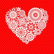 White crochet lace flower heart on red romantic greeting card