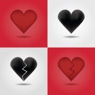 Red and black abstract regular broken hearts icons set