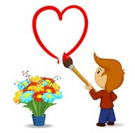 Cartoon boy drawing heart shape with paintbrush