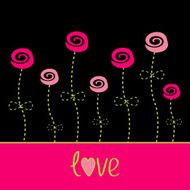 Roses with dash line stalks Vector love card Black pink