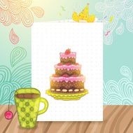 Happy Birthday postcard with cake and cup of tea N2