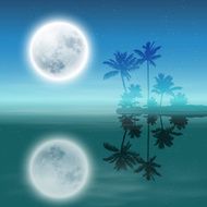Sea landscape Island with palm trees and full moon