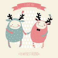 cute romantic cartoon card with lovely monsters