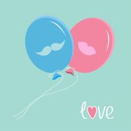 Blue and pink balloons with mustache lips Love card