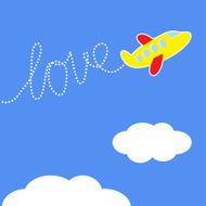 Cartoon plane Dash word Love in the sky card
