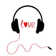 Black headphones with red cord Isolated Love card