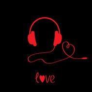 Red headphones with cord Black background Love card