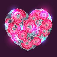 Heart with red ranunculus-rose flowers illustration on dark background