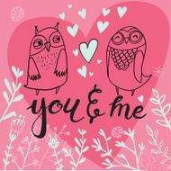 cute card with owls and floral elements in pink color