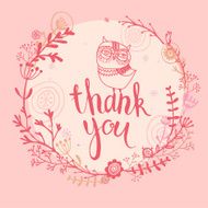 cute card with owls and floral elements in pink color N2