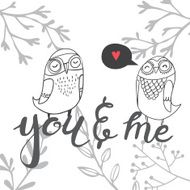 card with owls and floral elements in bw color N2