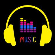 Yellow headphones equalizer and colorful word Music Card