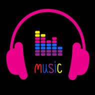 Pink headphones equalizer and colorful word Music Card