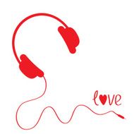 Red headphones with cord White background Love card