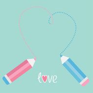 Two pencils drawing big dash heart Love card