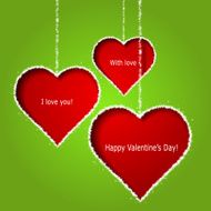 Abstract red hearts on green paper background Valentines day gr