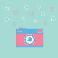 Photo camera with bird and hearts Love card