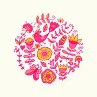 Vector illustration circle made of flowers and birds N2