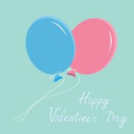Blue and pink flying balloons Happy Valentines Day card