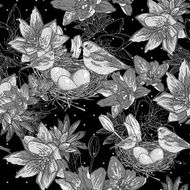 Seamless monochrome floral background with bird