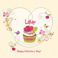 Greeting card with raspberry cupcake and birds
