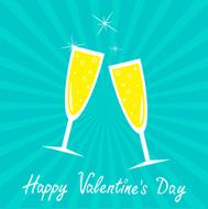 Champagne glasses Blue background Sunburst Happy Valentines
