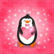 Happy Valentines day card with penguin and heart N3