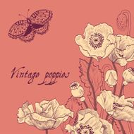 Floral card vintage Korall red poppies butterfly