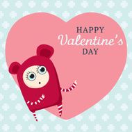 Cute cartoon character on big heart Valentine&#039;s day postcard