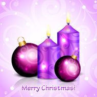 Vector Merry Christmas purple background with candles and decorations