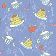 Colorful pattern with pancakes tea cups cherry and strawberry