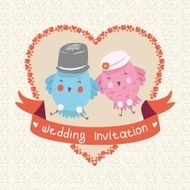 Invitation or wedding card with two happy birds