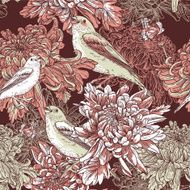 Floral background with birds and chrysanthemums
