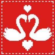 Pixel swans with hearts on red background