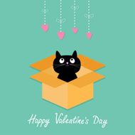 Cat open cardboard package box Hanging hearts Valentines day Flat