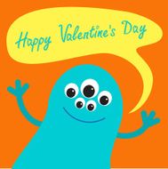 Cute blue monster speech text bubble Valentines day card Flat